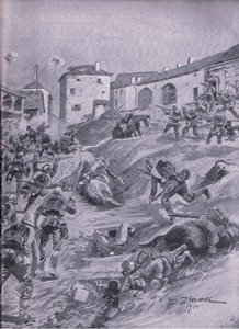 1914年8月在拉加德的阿沙芬堡第二巴伐利亚猎人营，摘自Union Berlagsefellfchaft出版的《1914-1915年世界战争插图史》。 作者 埃米尔（后）里默