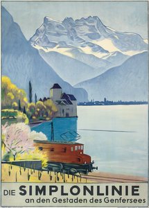 Simplonlinie&39;，海报广告栏，环游日内瓦湖（彩色石版画）