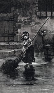 悲惨世界》中的场景，维克多-雨果著。珂赛特在扫地（雕刻）。