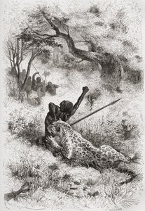 豹子袭击非洲人，插图来自“手中的世界”，由Henri Theophile Hildibrand（1824-97）刻，1878年出版 作者 埃米尔·安托万·贝亚德