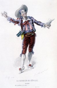 博马舍(1732-1799)作品全集》由爱德华-富尼耶著。埃米尔-巴亚尔绘图。Ed.Laplace, Sanchez et Cie, Paris 1876.这是《塞维利亚的理发师》中的费加罗 作者 埃米尔·安托万·贝亚德
