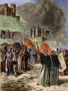 对阿尔比盖奥人的十字军东征--1244年蒙塞古尔(Cathare)最后的防御者被烧死在屠夫身上--Emile Bayard在G. Burgun之后绘制的版画。