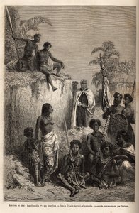 卡美哈美哈一世（约1758-1819年），夏威夷群岛的国王及其部队的创始人，在檀香山包围着夏威夷战士和一些臣民，根据埃米尔-巴亚尔的画作雕刻，说明1855-69年前往桑威奇群岛的航行，由C