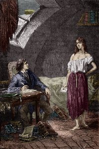 马吕斯和埃潘妮，德纳第夫妇的大女儿，爱上了马吕斯 维克多·雨果 (1802-1885) 的小说《悲惨世界》插图 由埃米尔·贝亚德绘制 - （埃潘妮·德纳第（Jondrette 女孩）和马吕斯）雕刻 私人收藏