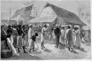 亨利-莫顿-斯坦利爵士（1841-1904）和大卫-利文斯通（1813-1873）在 "世界之旅 "中的会面 作者 埃米尔·安托万·贝亚德