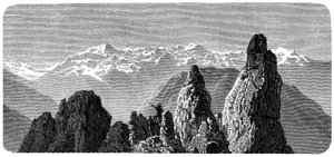 瑞士阿尔卑斯山瓦莱州萨克森浴场附近名为Pierre a Voir的山顶。Emile Bayard为Albert Dupaigne的《Les Montagnes》一书所作的插图，1881年Mame版。 作者 Emile Antoine Bayard