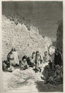 Pending the audience of the sultan, a group of men, women, urban, rural, bourgeois and beggars in the streets of Fes (Fez), the sultan grants a hearing three times a week to anyone who requests it for a favor or obtain justice, etched by Emile Bayard, to i 作者 埃米尔·安托万·贝亚德