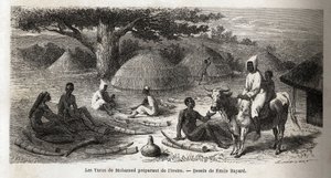 为乌干达的土耳其商人准备象牙，由埃米尔-巴亚尔（1837-1891）绘制，说明了斯皮克船长1860年至1863年的非洲发现之旅。爱德华-沙尔东编辑的 "世界之旅 "中的版画。 作者 埃米尔·安托万·贝亚德