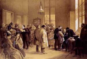 狂犬病疫苗接种：Louis Pasteur (1822-1895) 吸引了粉丝，而 Gaucher 博士于 1885 年 6 月 7 日在乌尔姆街的实验室为俄罗斯儿童约瑟夫·迈斯特接种了狂犬病疫苗。” Emile Bayard (1837-1891) 1886 年巴黎巴斯德博物馆的版画 作者 埃米尔·安托万·贝亚德