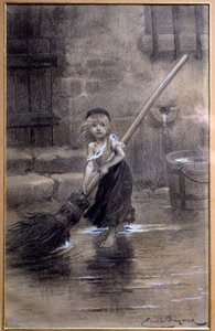 珂赛特的形象，赤脚扫地。维克多-雨果（1802-1885）的《悲惨世界》插图，作者是埃米尔-巴亚尔（1837-1891） 19世纪。巴黎，维克多-雨果之家