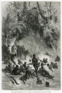 亨利-莫顿-斯坦利爵士（1841-1904年）在卡拉古埃地区（喀麦隆）的沐浴者中间，他们跳入Mtagata峡谷的热水和医疗水盆中，由埃米尔-巴亚尔绘制，为故事《穿越神秘大陆》作插图。 作者 埃米尔·安托万·贝亚德
