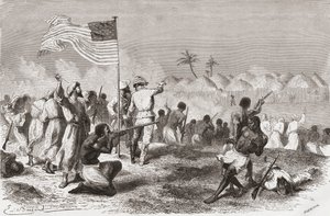 斯坦利在1871年探险期间袭击了Zimbizo，来自“手中的世界”的插图，由Henri Theophile Hildibrand（1824-97）刻，于1878年出版 作者 埃米尔·安托万·贝亚德