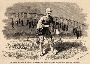 北京的老鼠杀手。埃米尔-巴亚尔（1837-1891）绘制的图画，用于说明1859年至1862年法国驻华公使德-布尔隆先生从上海到莫斯科的旅程。爱德华-沙尔东编辑的《世界之旅》中的版画 作者 埃米尔·安托万·贝亚德