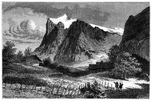 View of the Swiss Alps. Illustration by Emile Bayard for the book Les Montagnes d