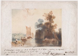 河流和船的风景，1837年 作者 埃米尔·奥伯特·勒索雷（Emile Aubert Lessore）