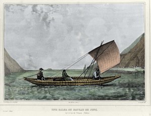 的的喀喀湖（玻利维亚）上的轻木或轻舟。 埃米尔·拉萨尔 (1813-1871) 的石版画 - 在 Alcide D