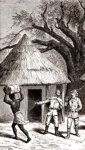 非洲小屋前的探险者和搬运工，1887 年（蚀刻版画） 作者 