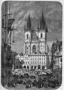 哥特式建筑：布拉格的泰恩圣母教堂（Teynkirche）的外景。它的建设从14世纪半叶持续到16世纪。特朗德在 "Le Magasin Picturesque "中的雕刻作品