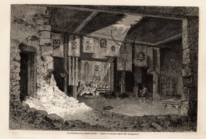 西藏寺庙的内部视图，由 Therond 绘制，以说明 Vivien de Saint Martin 对 1862 年地理年份的回顾。 雕刻在“Le tour du monde”，Edouard Charton 编辑