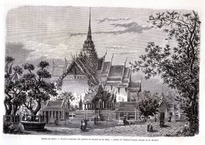 皇宫花园。装有暹罗最后一位国王的骨灰的亭子。泰隆从穆霍特先生的画册中绘制。"世界之旅"