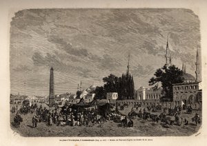 君士坦丁堡Ett Meydan广场（今土耳其Istamboul），Therond绘制，用于说明F.Jerusalemy于1862年撰写的关于土耳其妇女的研究。爱德华-沙尔东编辑的 "世界之旅 "中的版画。