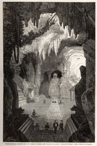 图兰附近大理石岩石中的地下佛教寺庙，特朗德绘制，用于说明与科钦纳的独特通信笔记。雕刻在 "世界之旅，新的旅行杂志 "巴黎。