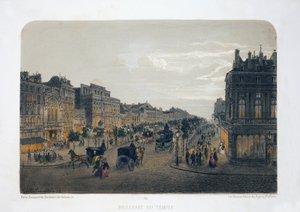 巴黎圣殿大道。 石版画水彩画，E.de la Tramblaiz 插图，收录于“专辑，巴黎纪念品”，Daziaro 编辑，巴黎 作者 埃米尔·德拉特拉布莱斯