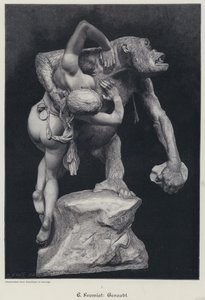 大猩猩背走一个女人（雕刻）。 作者 Emmanuel (after) Fremiet
