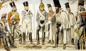 1810 年法兰西军队（Armee Francaise 1810），从左到右：骑马者兰西埃（Marco-leger lancier）、乌扎德（Houzard）、骑手杜特伦（Dutrain Dragon）。