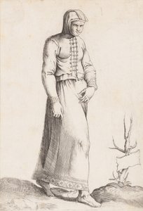 服装板：带帽衫的女人，约1557-58年。 作者 Enea Vico