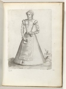 加拉-穆勒（Galla mul(ier)）（物品上的标题
一位来自法国的已婚妇女，按照约 1550 年的时尚穿着
Diversarum gentium nostrae aetatis habitus（系列标题） 作者 Enea Vico