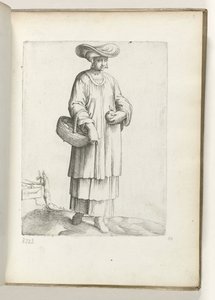 西班牙（物品上的标题）
身着西班牙服饰的提篮女子，约 1550 年
Diversarum gentium nostrae aetatis habitus（系列标题）