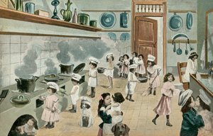 女孩们在厨房做饭（彩色照片） 作者 英国摄影师