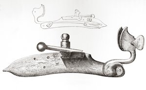17 世纪的火柴锁。用于发射手持火器的装置或锁，摘自《英国军队》：其起源、发展和装备》，1868 年出版。 作者 英语学校
