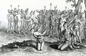 佛罗里达国王在前往战斗之前咨询他的魔术师，插图取自Moores Voyages and Travels，1778年 作者 英语学校