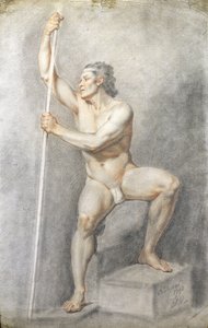 男性裸体持有工作人员，17.7（彩色粉笔在纸上）