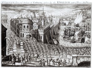 1741年由英国勇敢的海军上将弗农拍摄的卡特哈纳镇和港湾的前景 作者 英语学校