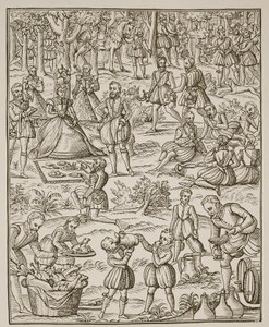 皇家野餐，来自Noble Art of Venerie的板块和1575年George Turberville的狩猎（棕褐色照片） 作者 English School