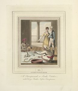 一位在欧洲人面前展示蛇的捕蛇人，约 1824 年（彩色石版画） 作者 英语学校