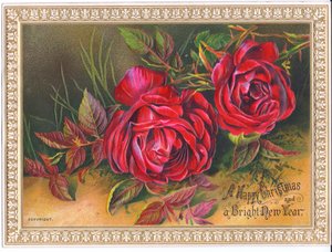 维多利亚时代的圣诞节和新年贺卡，描绘了两朵大红玫瑰，约1880年 作者 英语学校