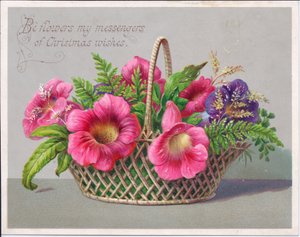 维多利亚时代的圣诞卡，柳条篮子里的花，约1880年（彩色平印）。 作者 英语学校