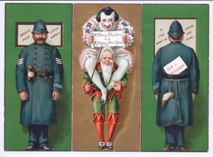 一张带有小丑，小丑和警察的维多利亚时代圣诞贺卡，约1880年 作者 英语学校