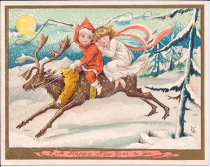 维多利亚时代的新年卡，一个女孩和男孩仙女在月光下的雪夜里骑着驯鹿，约1880年（彩色平印）。 作者 英语学校