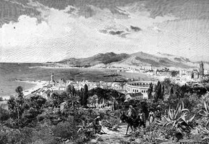 西班牙马拉加的西面风景，出自《地中海风景画》第三卷，由Cassell and Co出版。Ltd.出版。 作者 英语学校