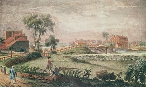 切尔西桥的西视图，1761年（彩色雕刻） 作者 英语学校
