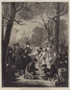巴黎的冬季景象，向穷人分发面包和汤（雕刻）。 作者 英语学校