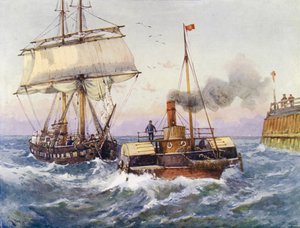 一艘双桅船被拖入港口（彩色石版画） 作者 英语学校