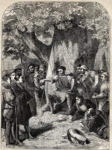 1549年罗伯特-凯特叛乱期间诺福克郡的一群持不同政见者--爱德华六世统治时期英国诺福克郡的叛乱--皮匠凯特（1492-1549）在改革的橡树下对他的追随者们大声疾呼--《英格兰历史》中的雕刻品 b 作者 英语学校