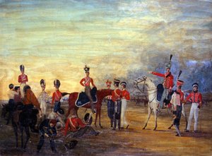 约克郡Yeomanry的一群登上和下马的官兵，穿着各种服装，1820年 作者 英语学校