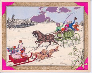 一张手绘的法国雪橇犬圣诞贺卡，上面有雪橇，上面有雪橇，孩子们被狗拉着，马和马车驶过一片积雪，大约1920年 作者 英语学校
